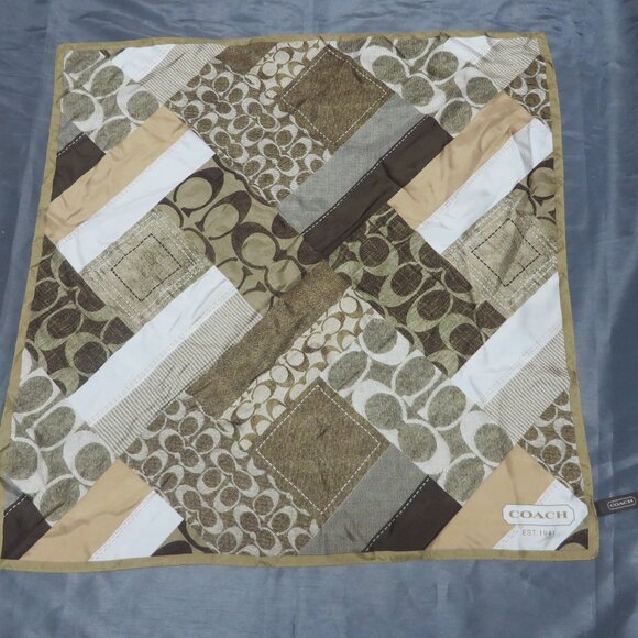 ❤️Authentic COACH 100% Silk Logo Scarf  Brown White 26.5 x 27 - Picture 1 of 8